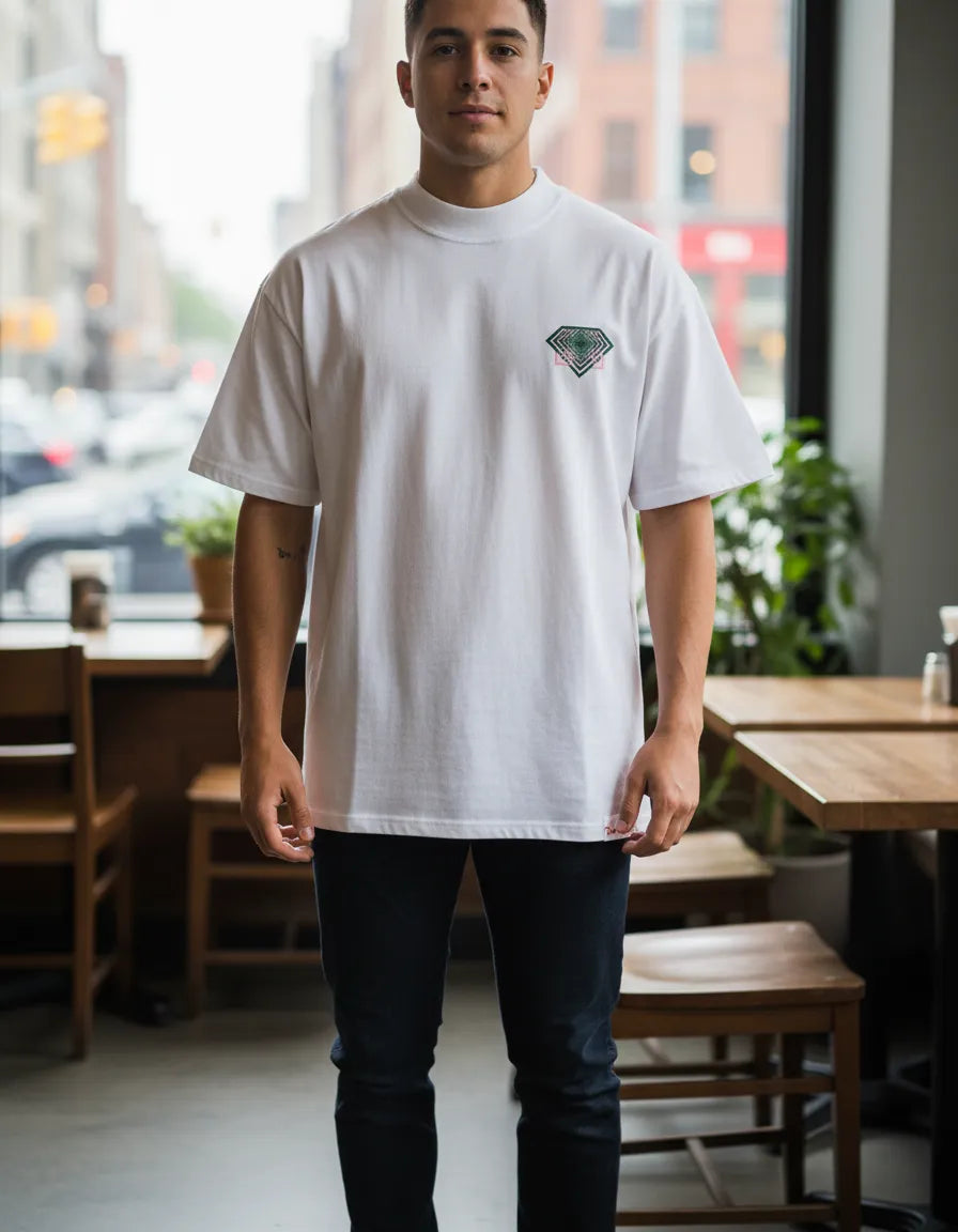 Modelo usando Camiseta Oversized Diamond Supply Co Retro Masculina, cor WHITE.