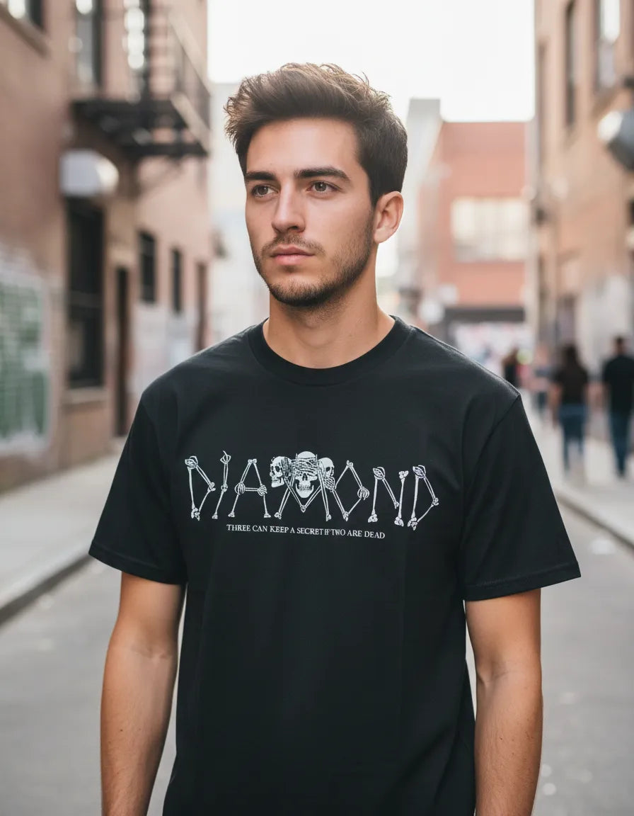 Modelo usando Camiseta Diamond Supply Co Secrets Die Masculina Algodão, cor BLACK.