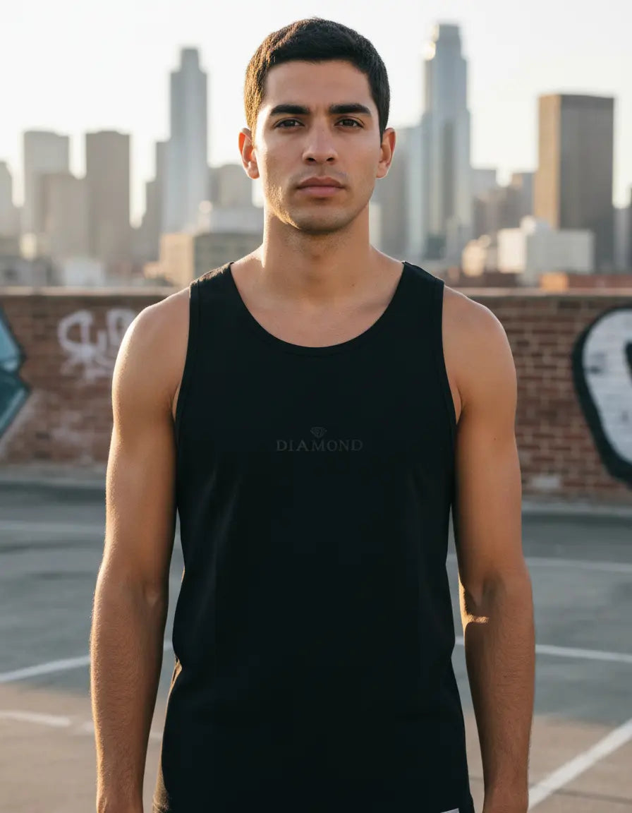 Modelo usando Camiseta Diamond Supply Co Classic Tank Masculina Algodão, cor BLACK.