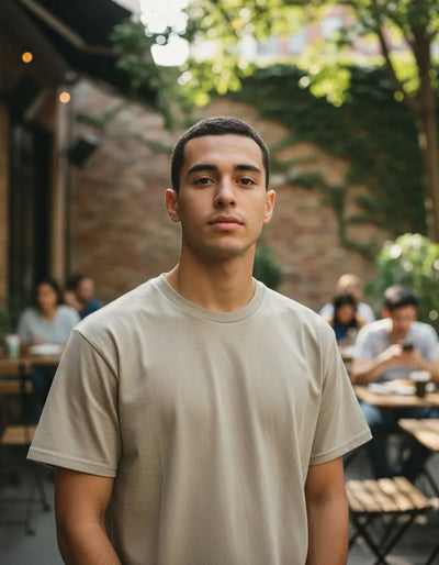 Modelo usando Camiseta Diamond Supply Co Fashion Basics Masculina Algodão, cor NEW SAND.