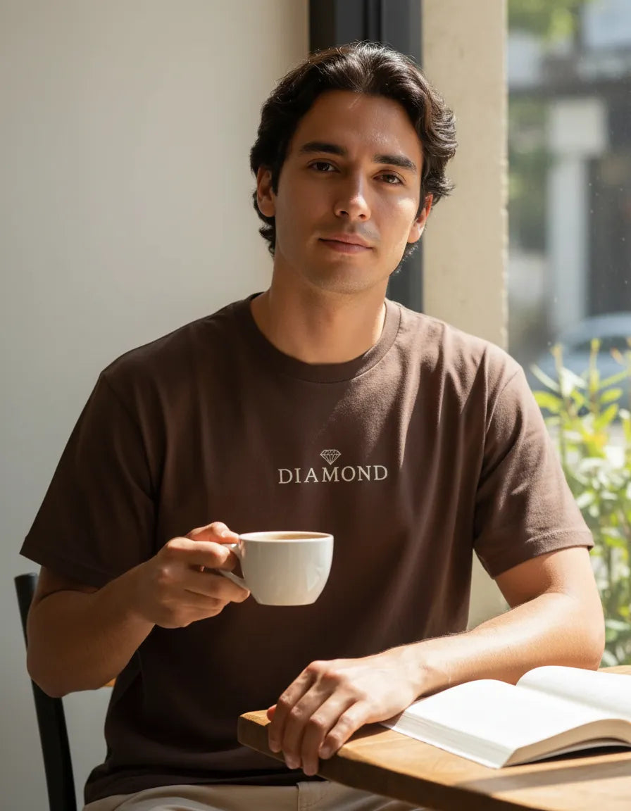 Modelo usando Camiseta Diamond Supply Co Classic Ii Masculina, cor CHOCOLATE.