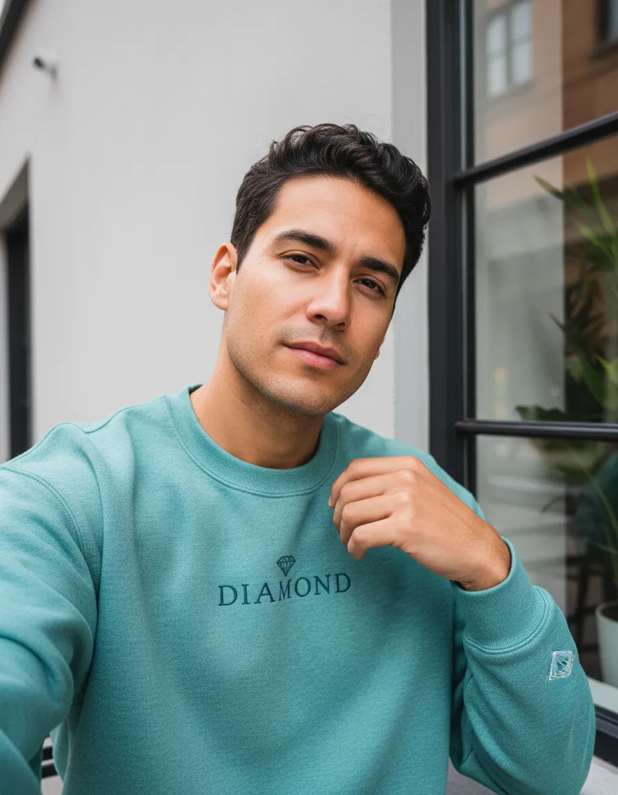 Modelo usando Moletom Gola Careca Diamond Classic Masculino, cor DIAMOND BLUE.